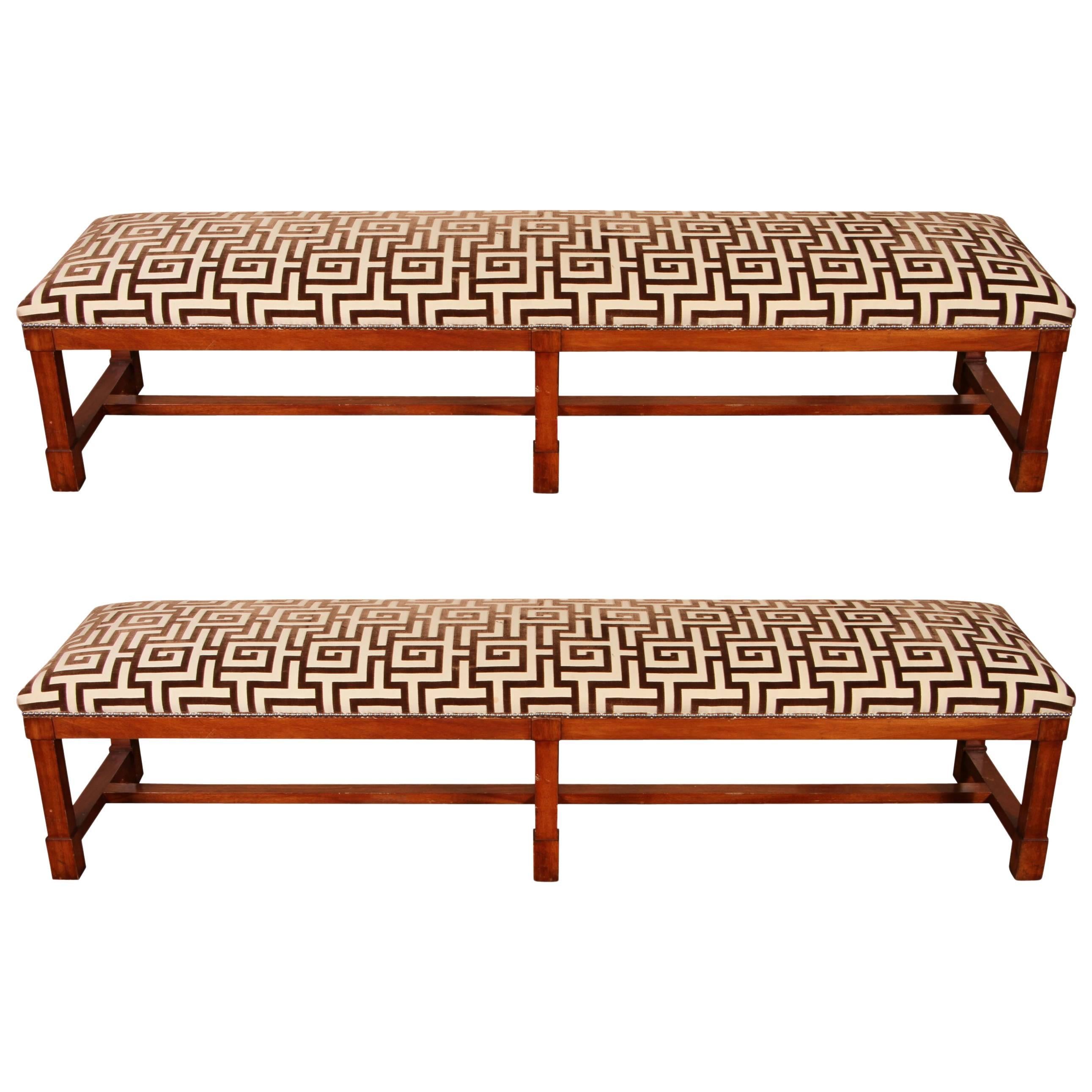 Pair of Custom Long Benches in Custom Raised Geometric Fabric