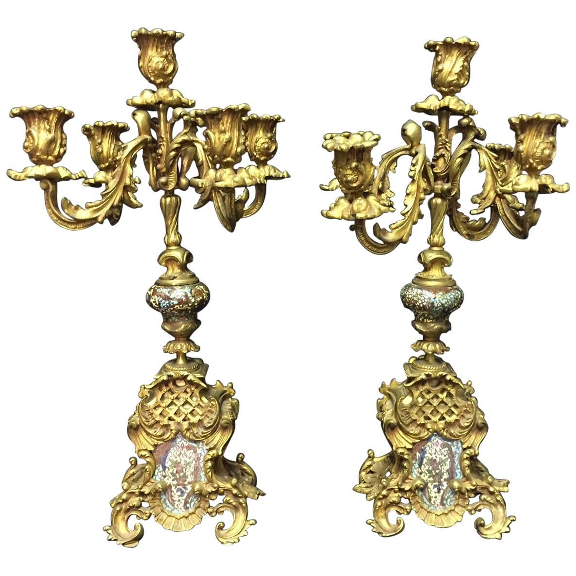 19th Century French Rococo Style Pair of Ormolu and Champleve Candelabra