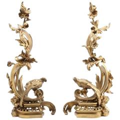Unique Pair of French Gilt Bronze Andirons, 19th Century