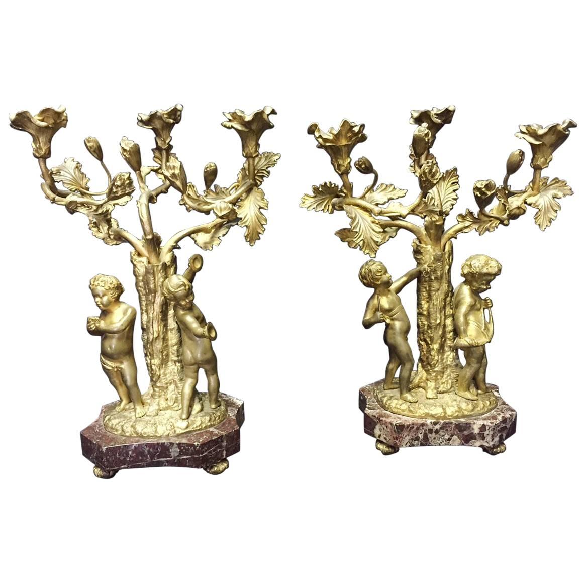 19th Century French Pair of Gilt Bronze and Marble Candelabra