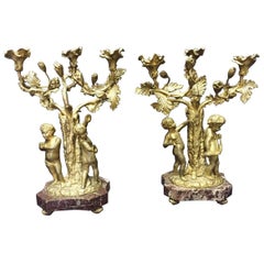 Paire de candélabres français du 19ème siècle en bronze doré et marbre