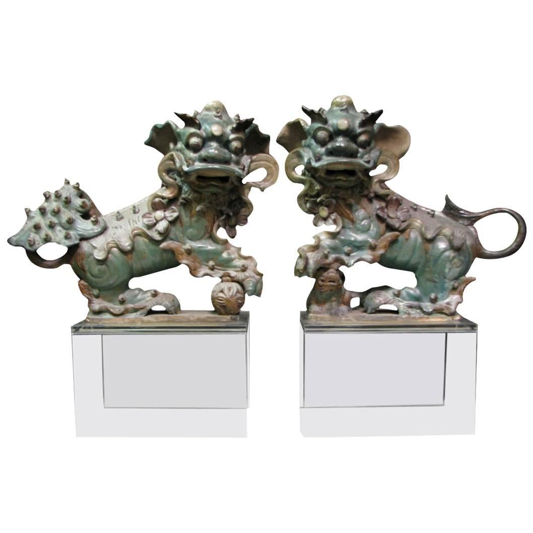 Pair of Chinese Glazed Ceramic Foo Dogs on Lucite Bases, 19th Century