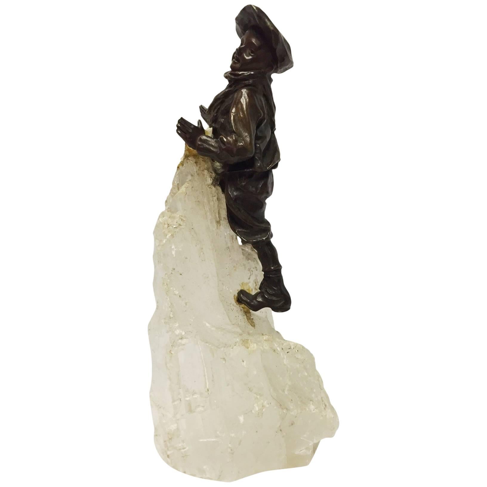 French Patinated Metal Boy Climbing Rock Crystal Mountain, 19 Century