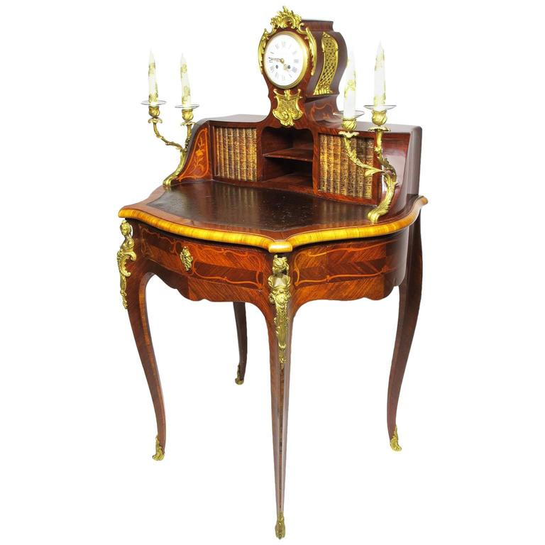 French Louis Xv Style Marquetry Gilt Bronze Mounted Secretary Desk With Clock