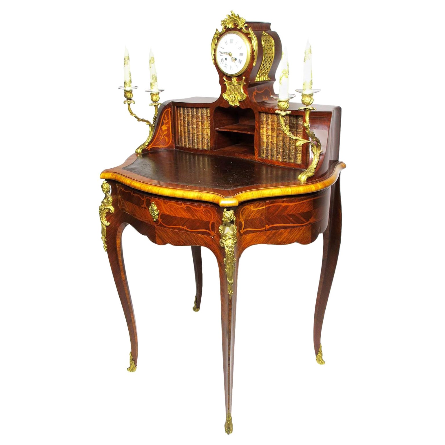 Französischer Sekretär-Schreibtisch im Louis-XV-Stil mit Intarsien und vergoldeter Bronze, mit Uhr