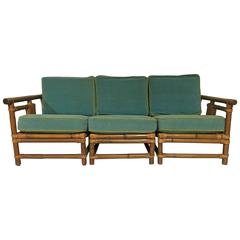 1940s Calif-Asia Rattan and Wicker Three-Piece Sofa & Cushions