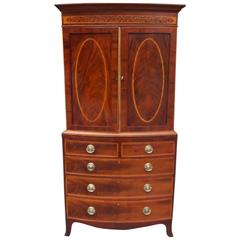 English Mahogany & Oval Satinwood Inlaid Bow Front Linen Press, Circa 1810