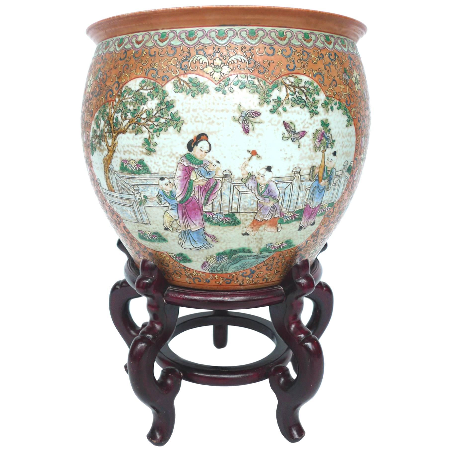 20th Century Chinese Hand-Painted Ceramic Fishbowl