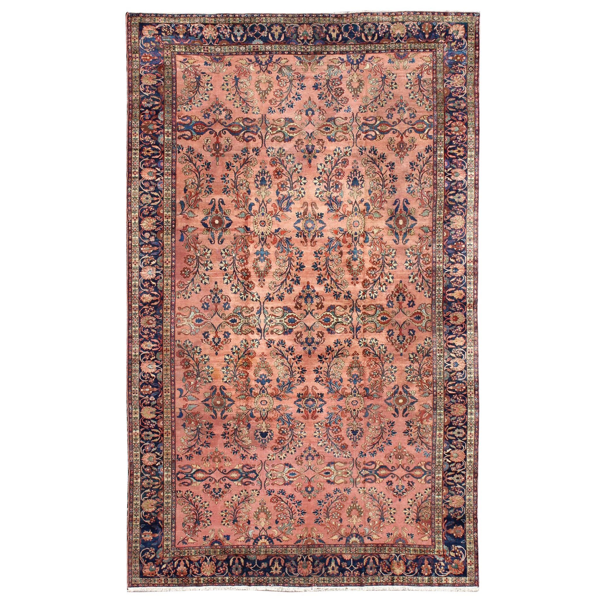 Large Antique Persian Lilihan Rug in Salmon, Blue, Green, Yellow & Rust Colors For Sale