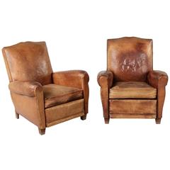 Vintage Art Deco Era French Moustache Back Leather Club Chairs