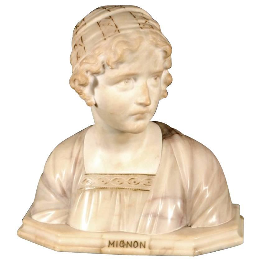 19th Century Carved Alabaster Bust of a Young Girl Signed by Prof. G. Besfi