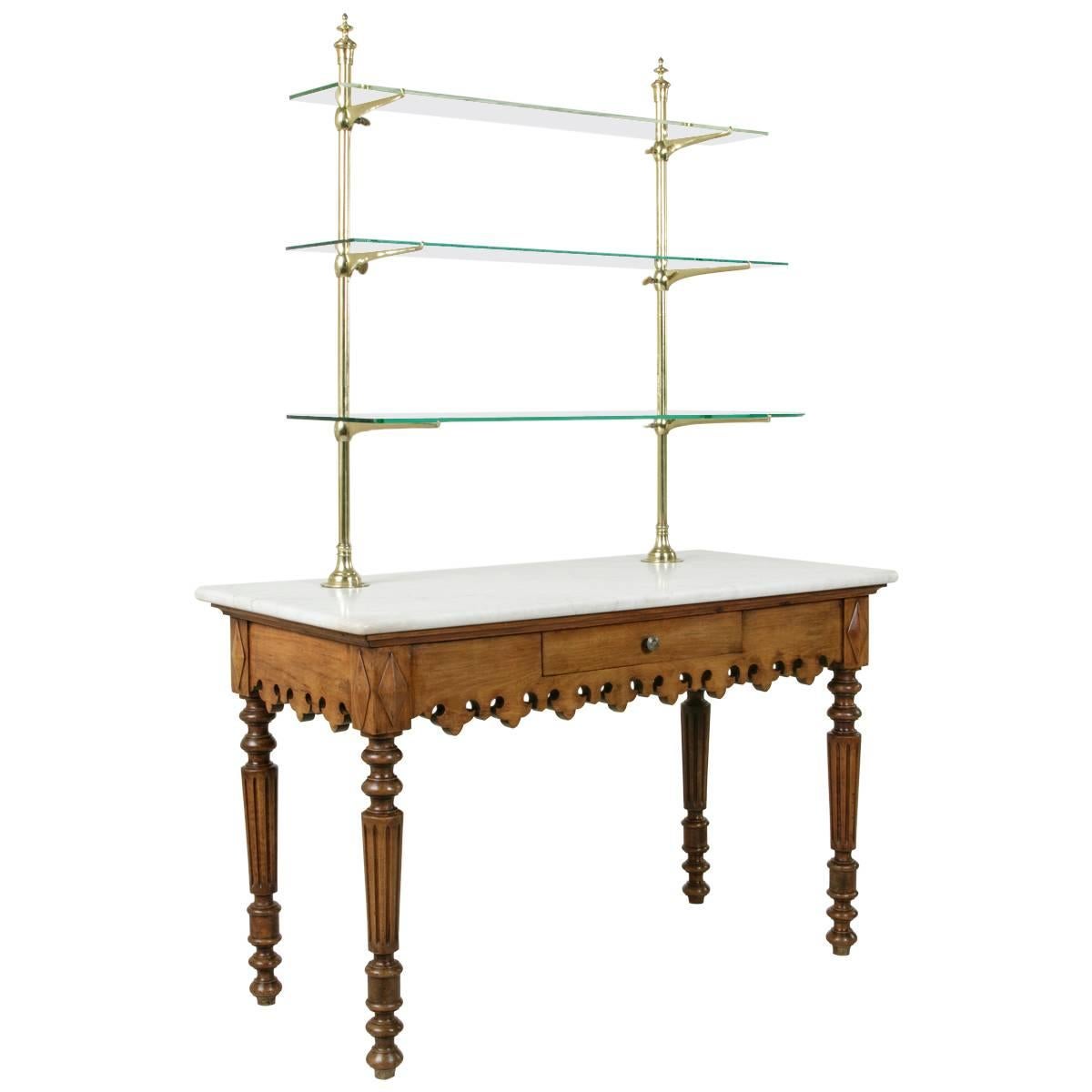 Antique Marble-Top Pastry Table with Bronze Display Shelves from Paris Shop