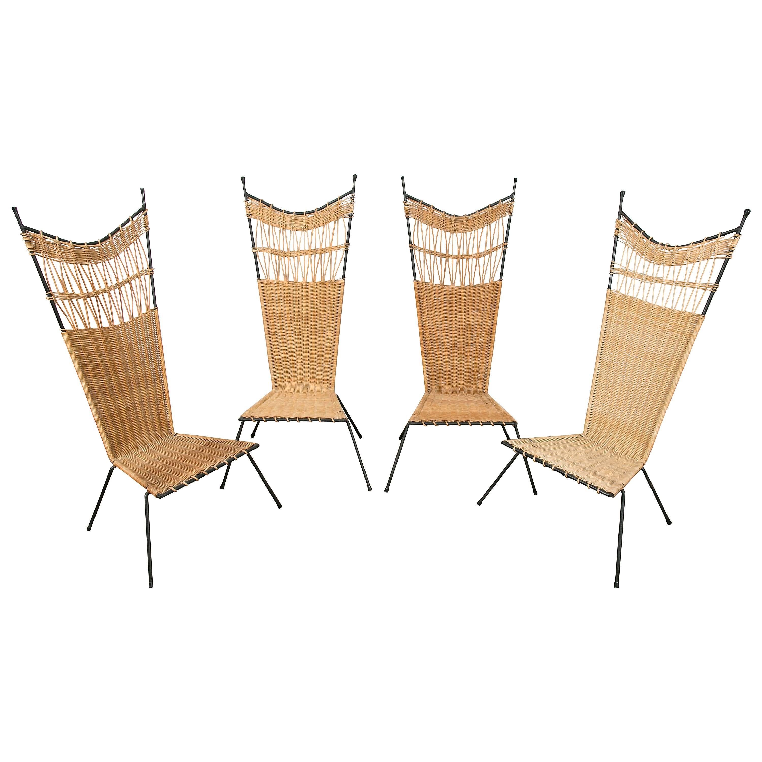 Set of Four Metal and Wicker Slipper Chairs by Raoul Guys, France, 1950