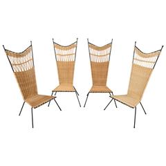 Set of Four Metal and Wicker Slipper Chairs by Raoul Guys, France, 1950 9