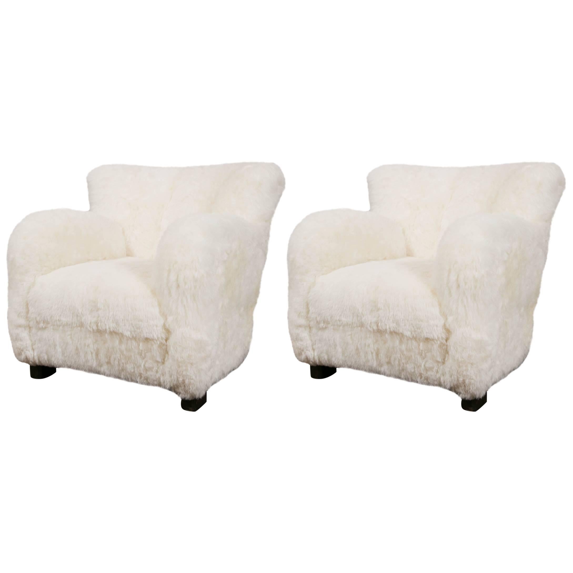 Great Pair of Danish Lounge Chairs Upholstered in Sheepskin