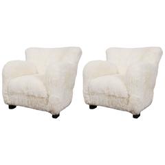 Great Pair of Danish Lounge Chairs Upholstered in Sheepskin