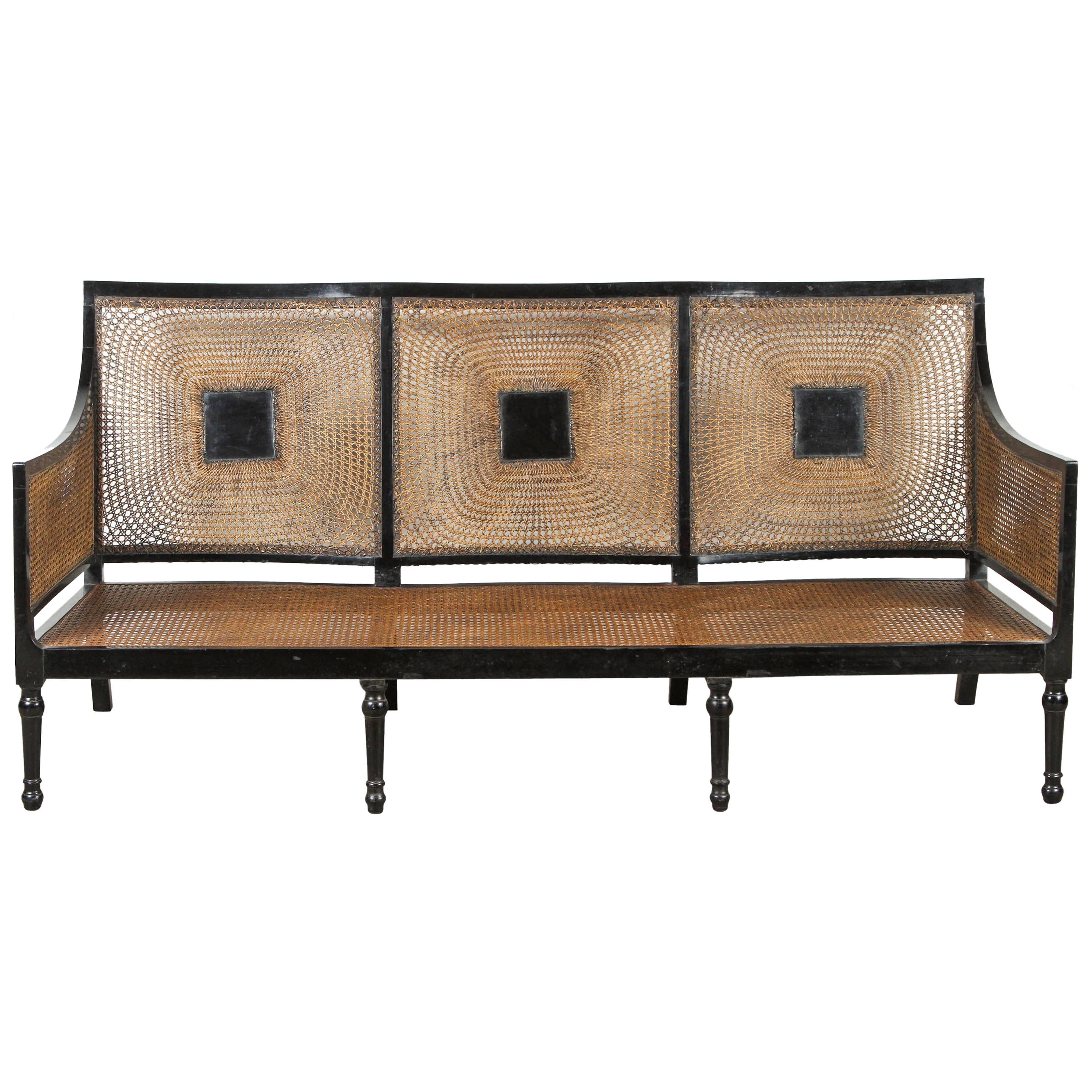 Italian Black Framed Lacquered Caned Bench