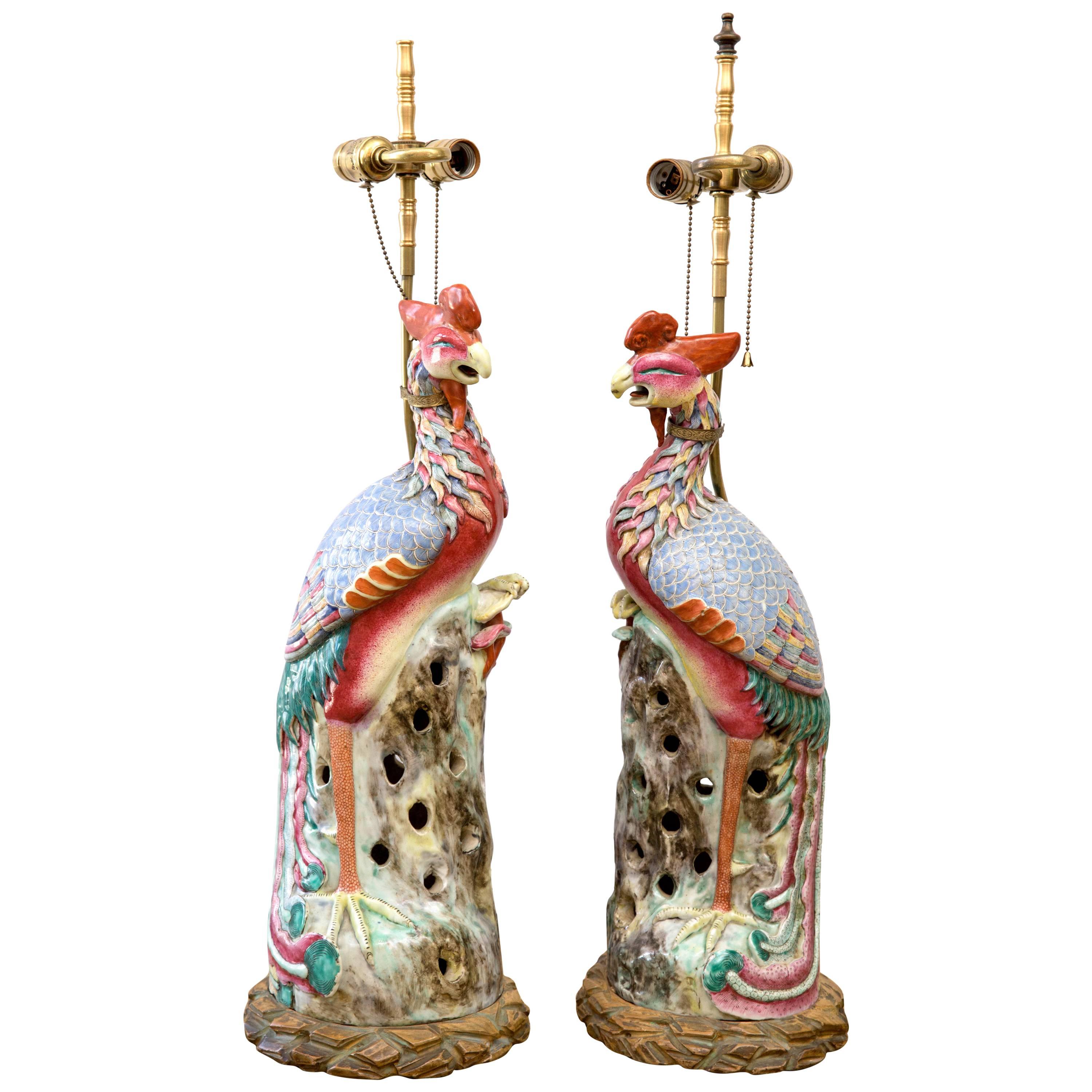 Large Pair of Glazed Famille Rose Porcelain Phoenix Birds as Table Lamps
