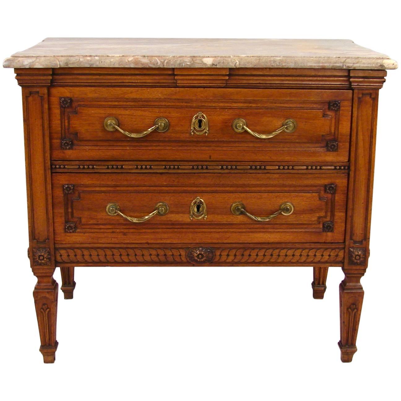 Neoclassical Walnut Two-Drawer Marble-Top Commode of Small Size