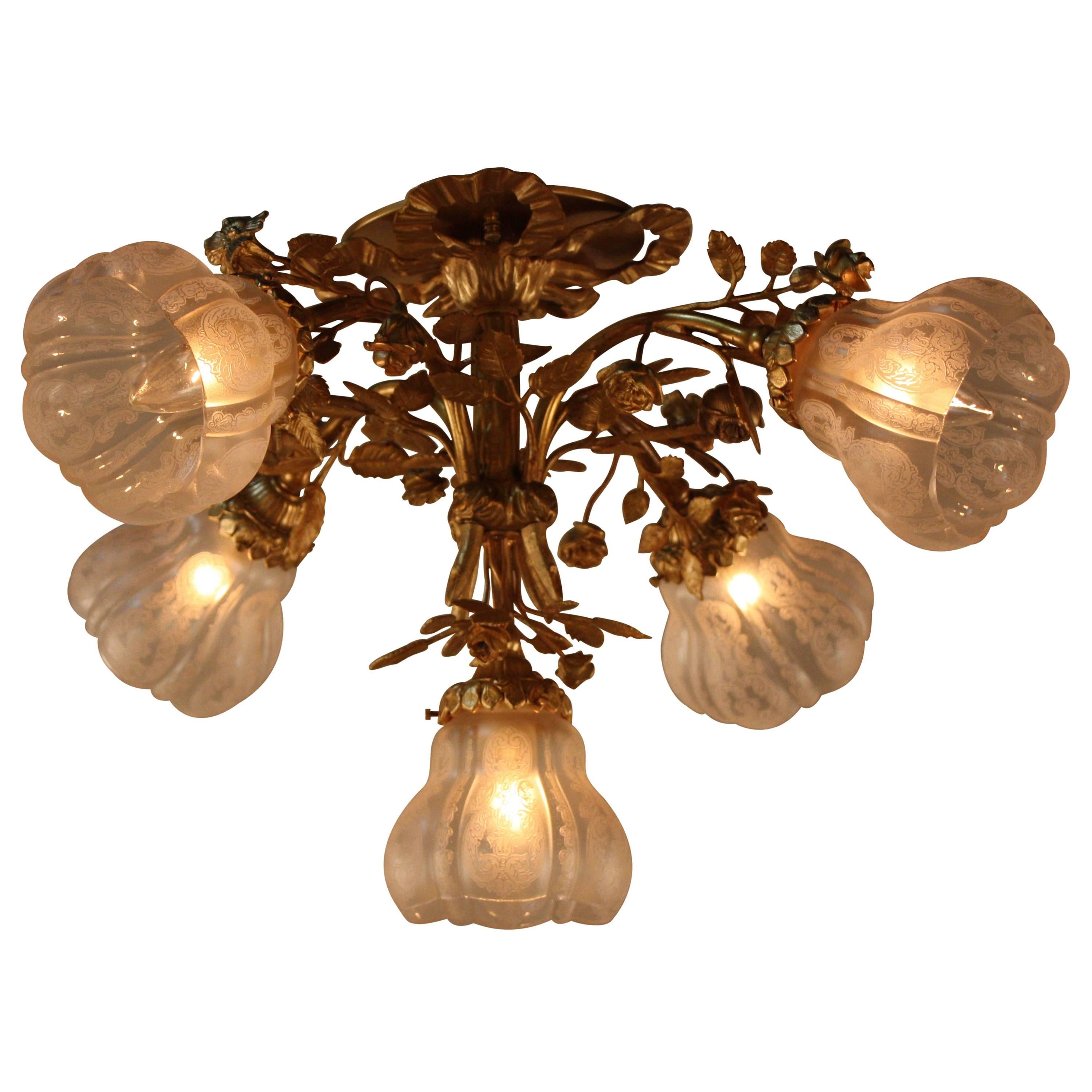 French Bronze and Etched Glass Flush Mount Chandelier