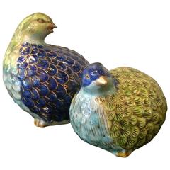 Pair of Japanese Hand-Painted Ceramic Pigeon Sculptures