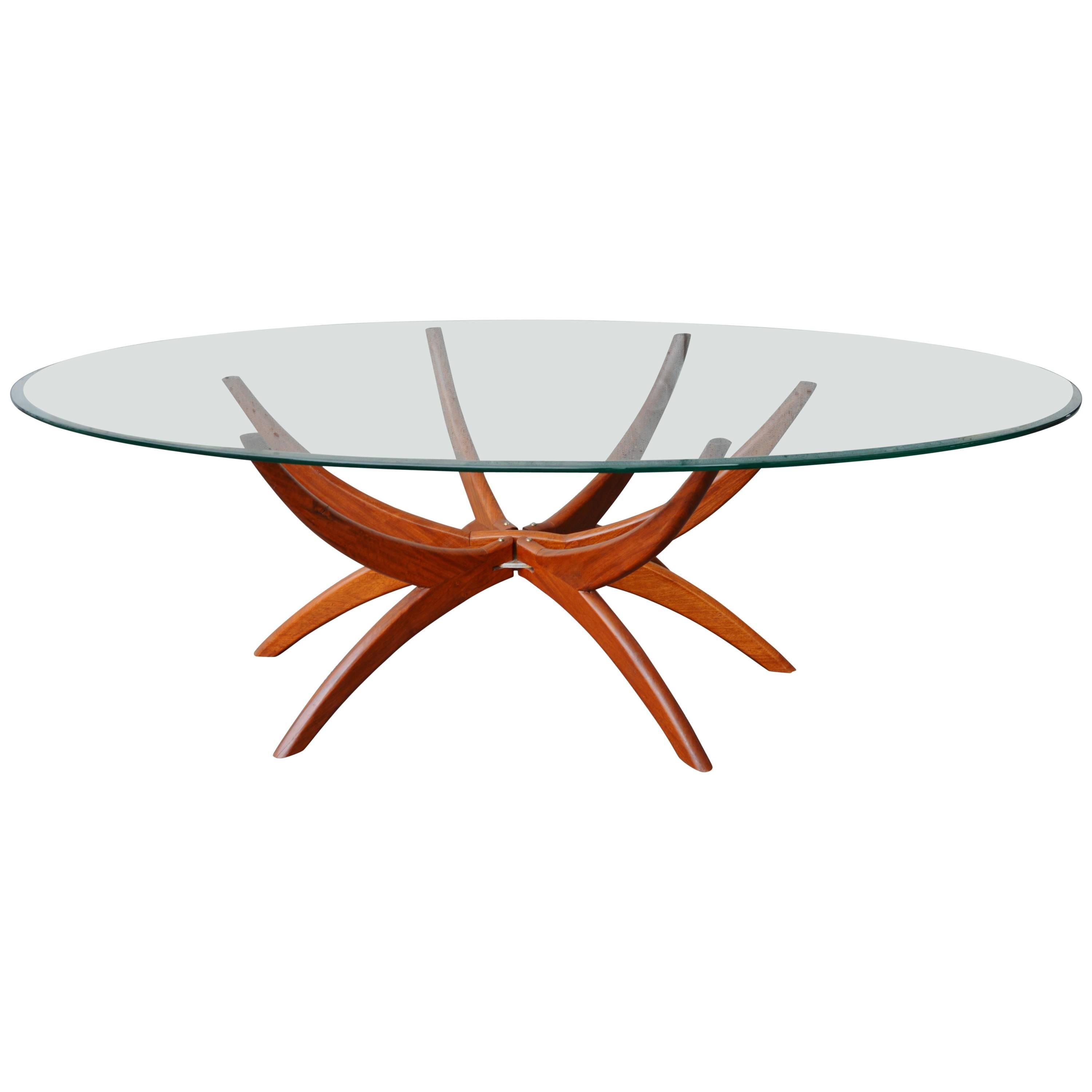 Teak Spider Leg Coffee Table Oval Beveled Clear Glass Top