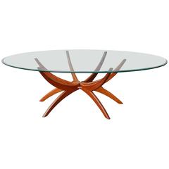 Teak Spider Leg Coffee Table Oval Beveled Clear Glass Top