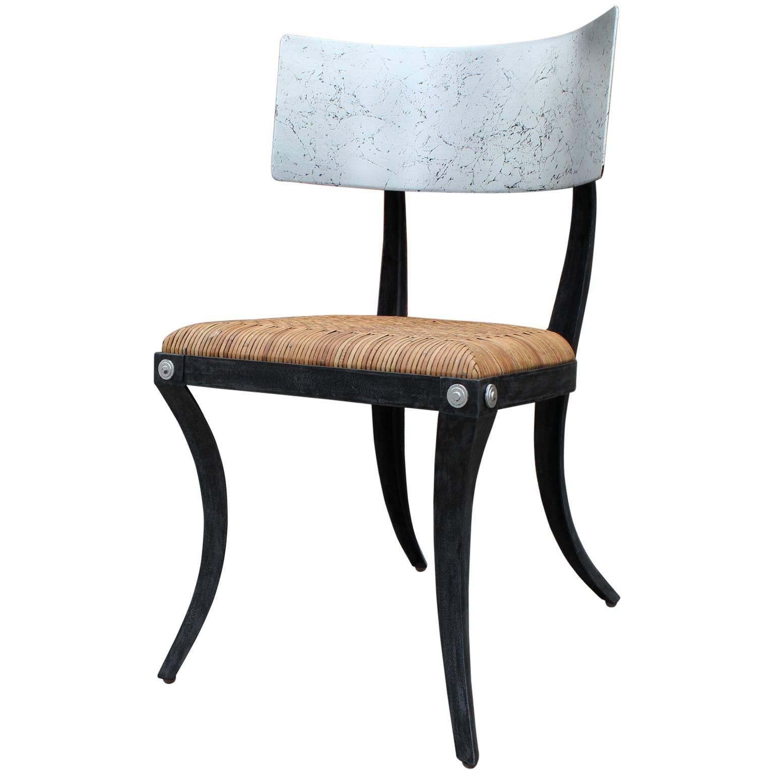 Modern Silver Leaf Steel Klismos Chair with Woven Cane Seat and Black Frame