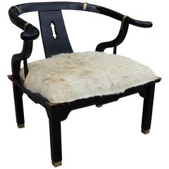 Striking Black Lacquer Brass and Fur Barrel Back Lounge Chair