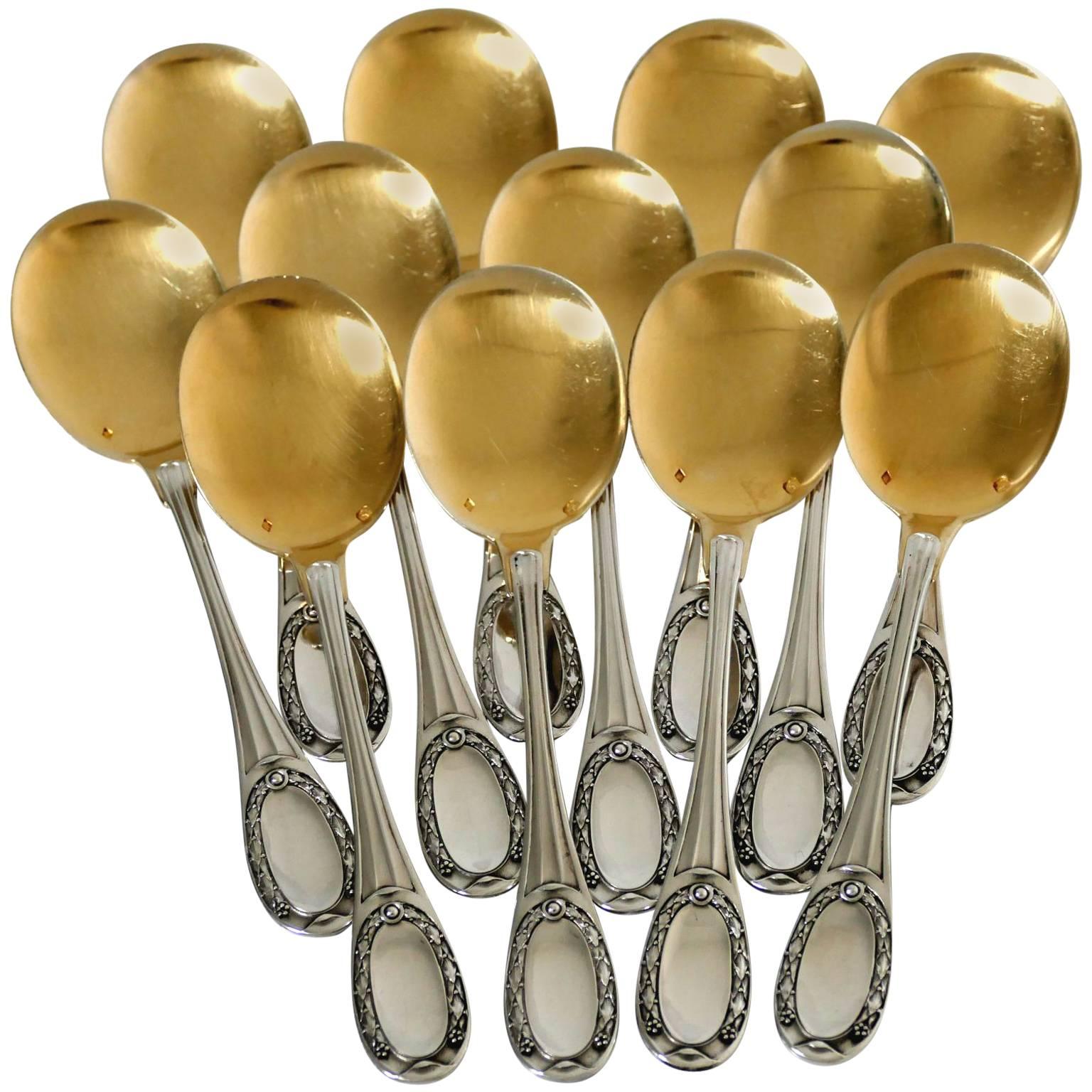 Tetard French Sterling Silver 18k Gold Ice Cream Spoons Set Neoclassical