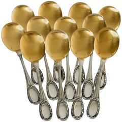 Tetard French Sterling Silver 18k Gold Ice Cream Spoons Set Neoclassical