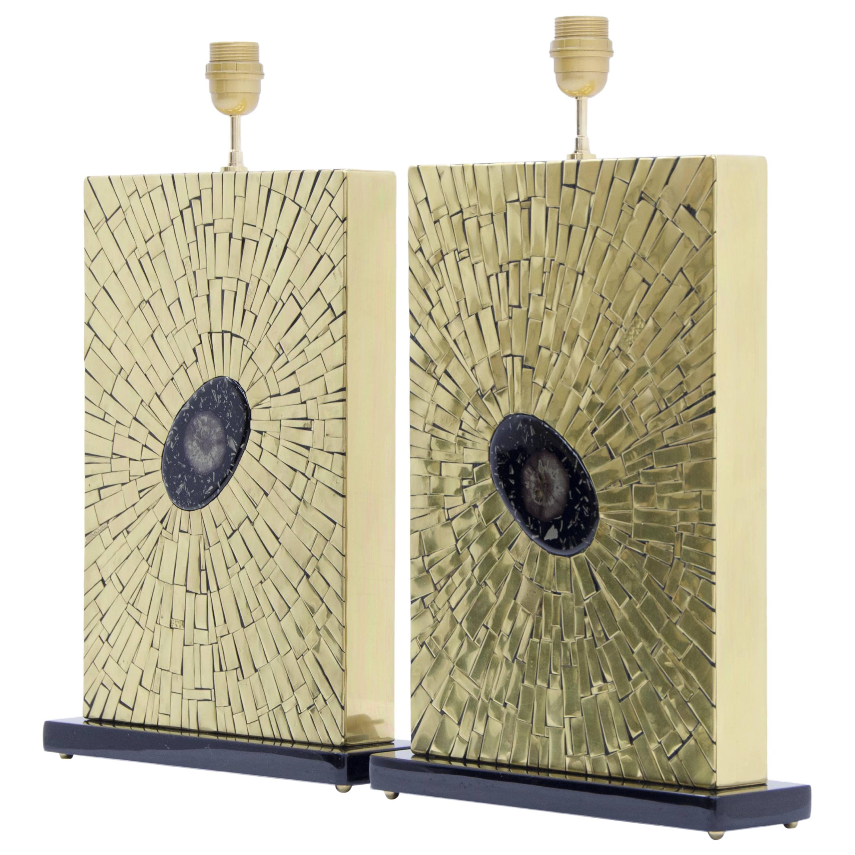 Pair of Brass Mosaic Lamps by Stan Usel For Sale