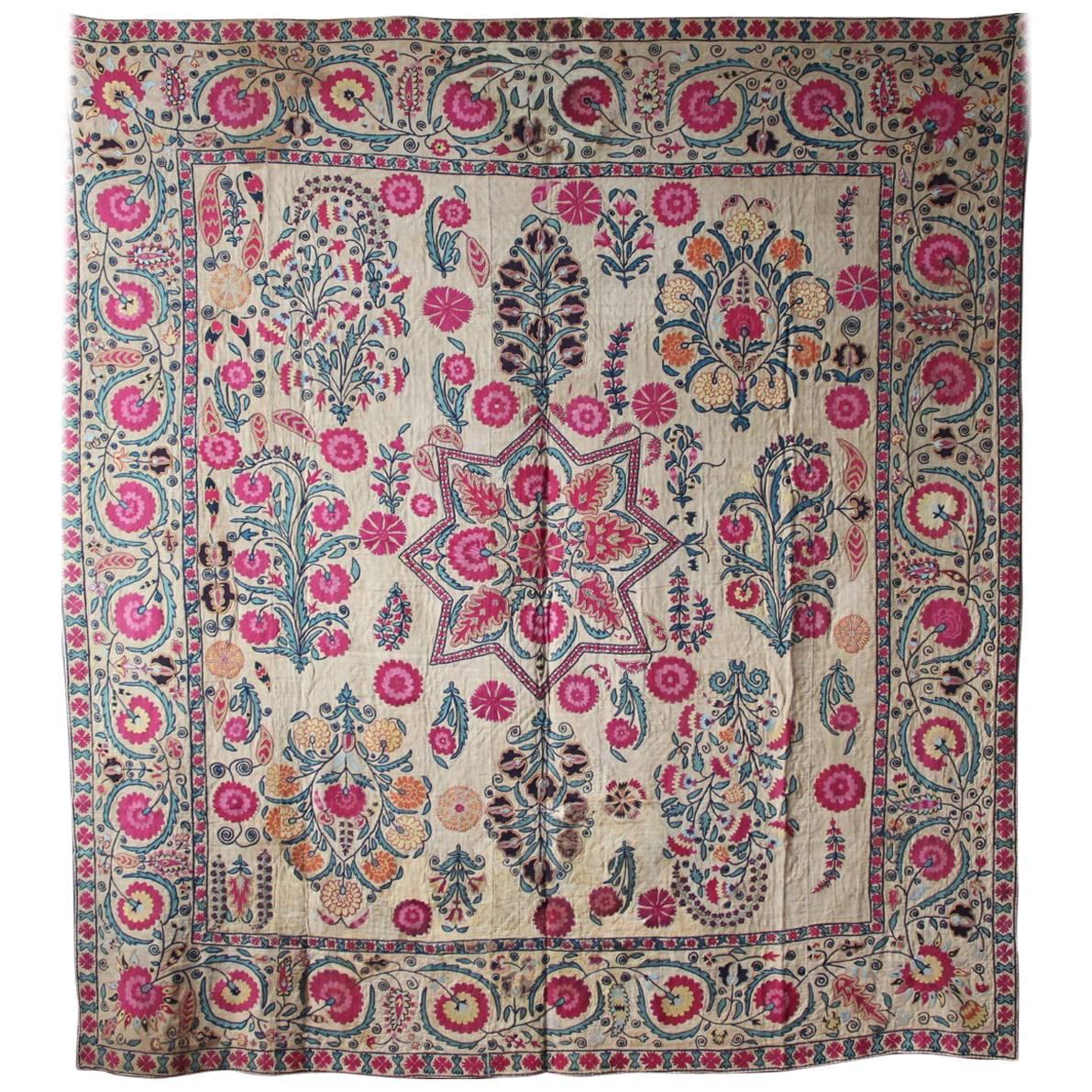 Early 19th Century Ura Tube Suzani, Silk Embroidery, Uzbekistan
