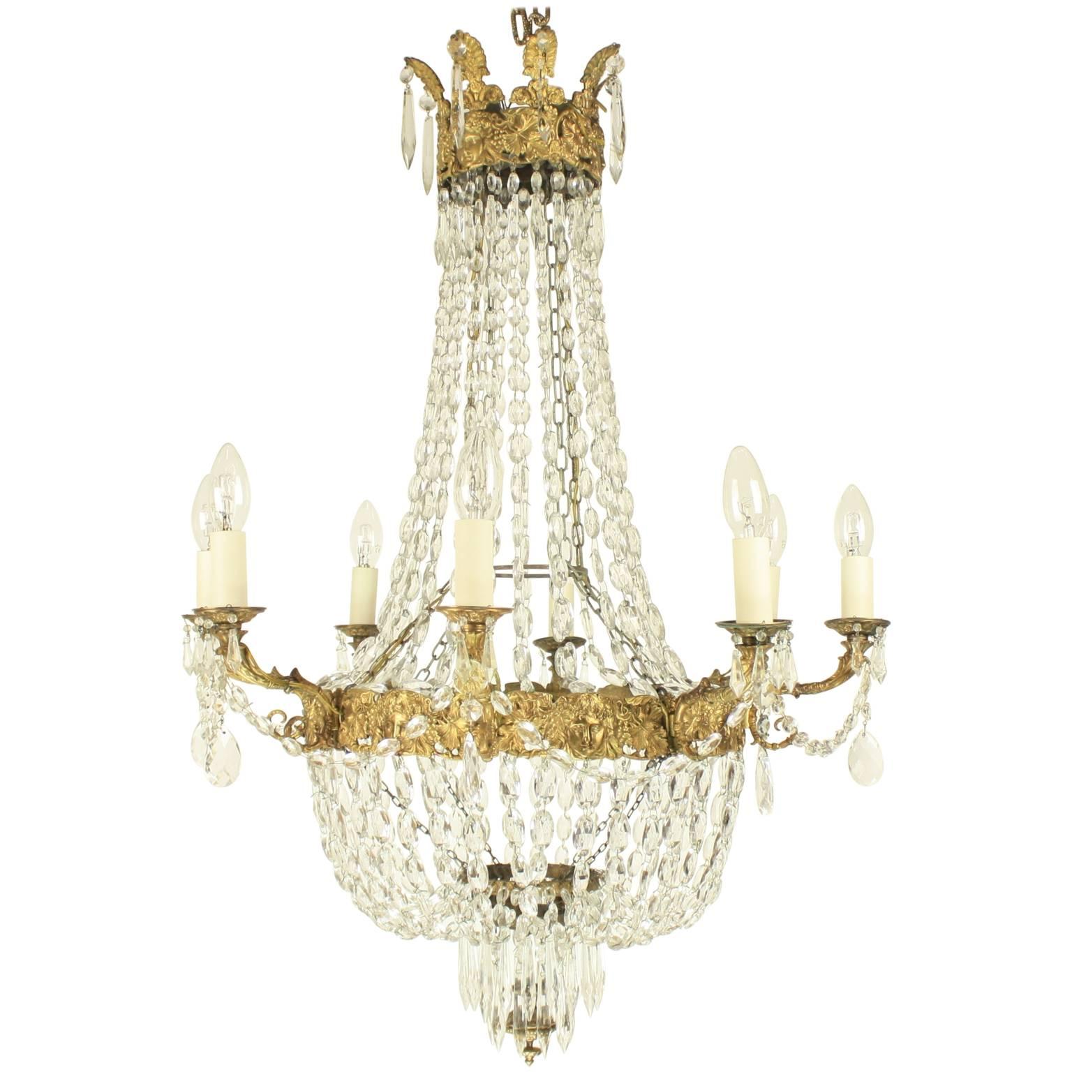 Late 19th Century French Gilt Bronze Crystal Bacchus' Heads Basket Chandelier
