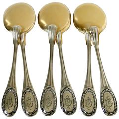 Tetard French Sterling Silver 18k Gold Ice Cream Spoons Set 6 pc Neoclassical