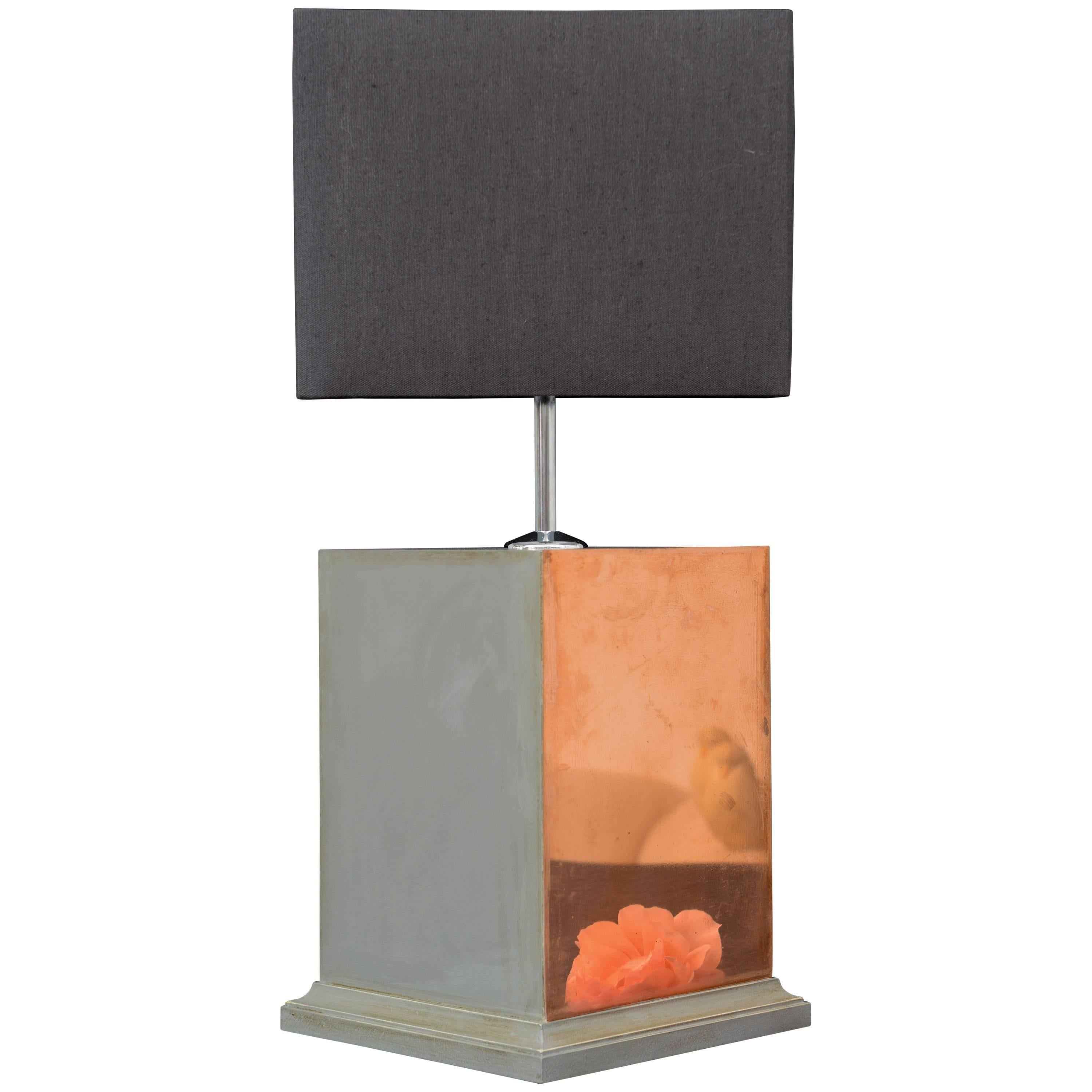 Hand-Painted Table Lamp in Grey with Polished Copper For Sale