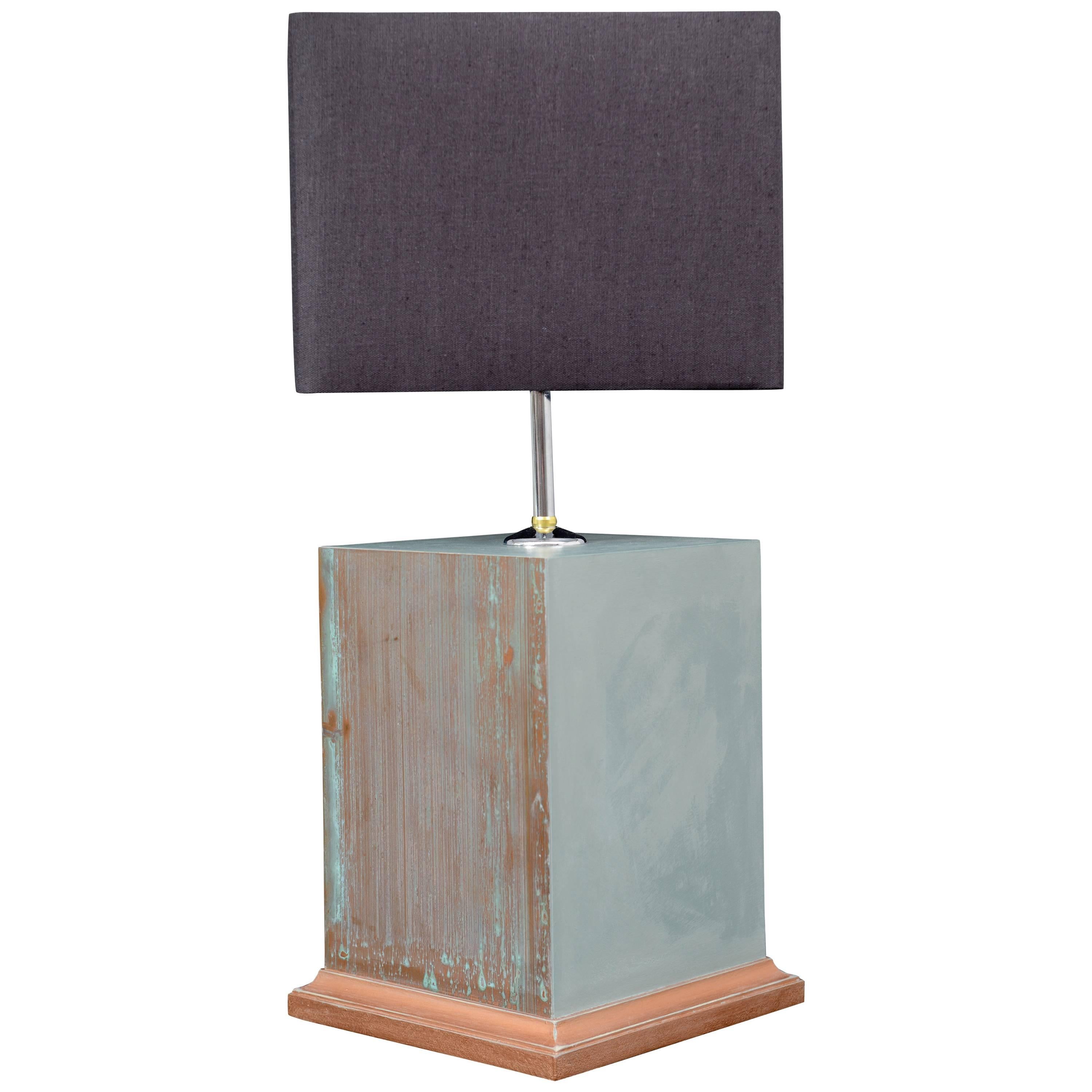 Hand-Painted Table Lamp with Patina'd Copper Plate in Green For Sale