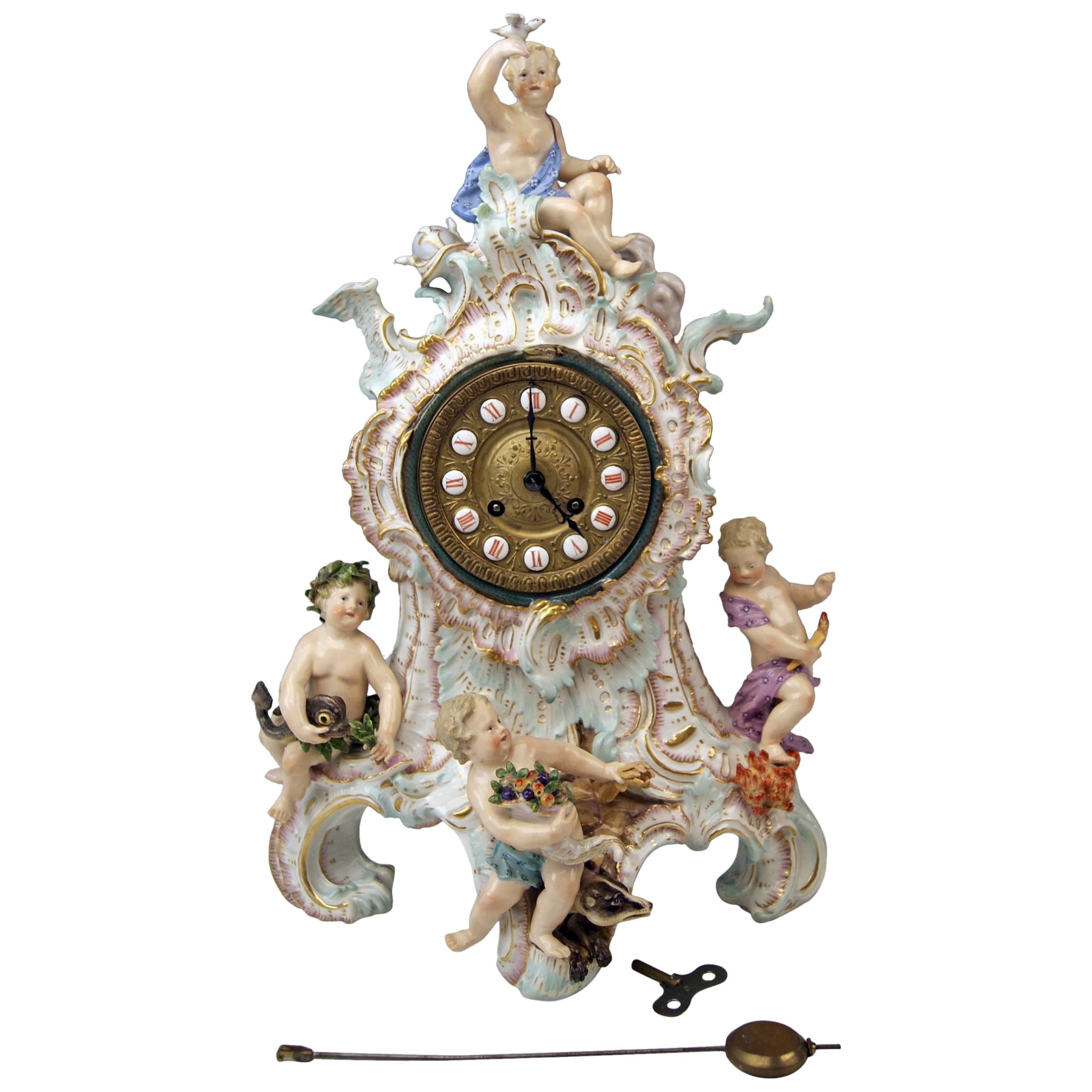 Meissen Gorgeous Mantle /Table Clock Four Elements Sculptured Cherubs circa 1860