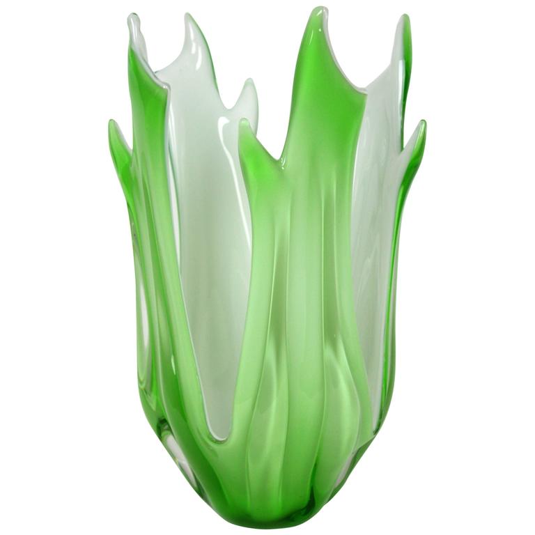 Italian1960s Large Murano Mint Green and White Sommerso Glass Vase at