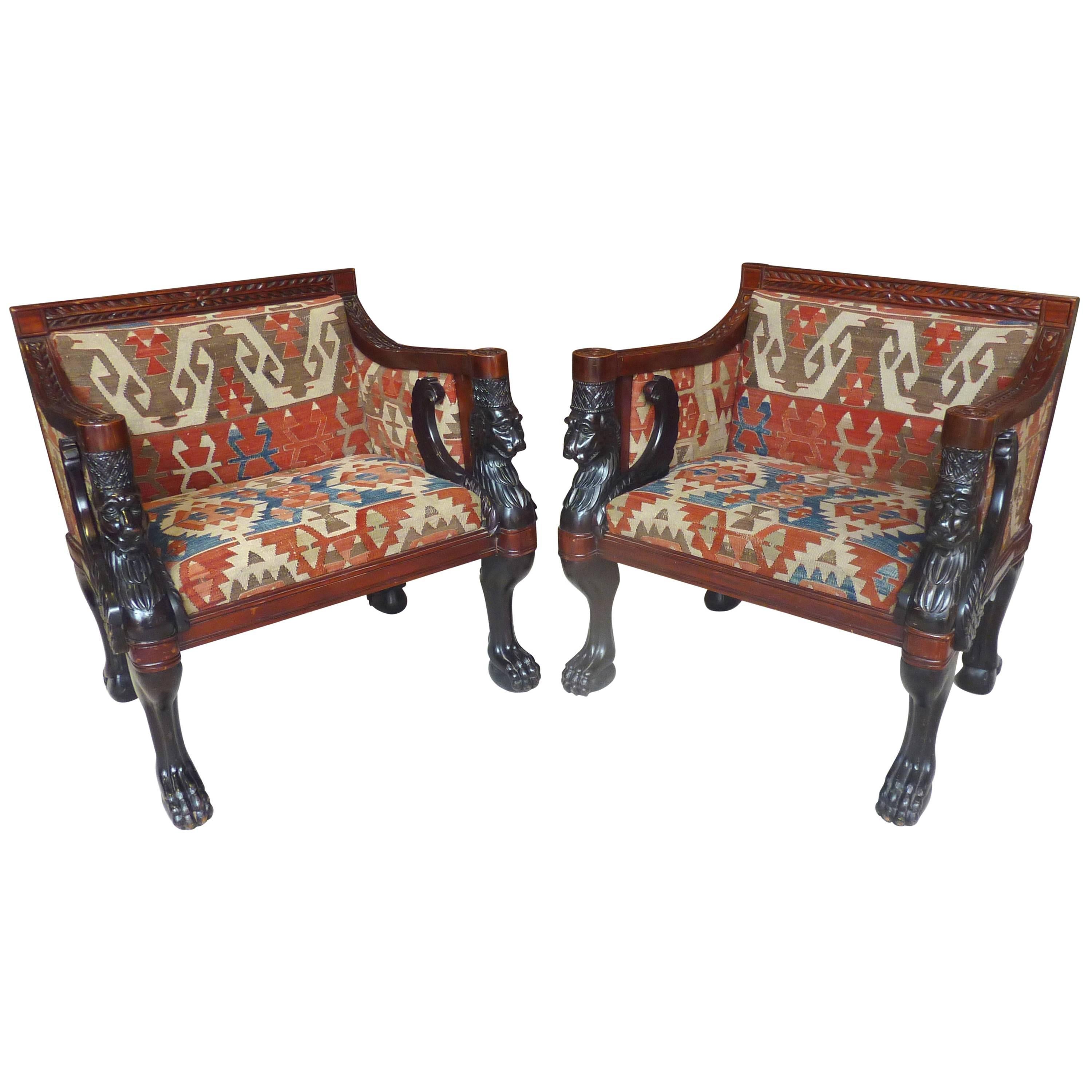 Pair of Egyptian Revival Comfortable Armchairs with Antique Anatolian Kilim