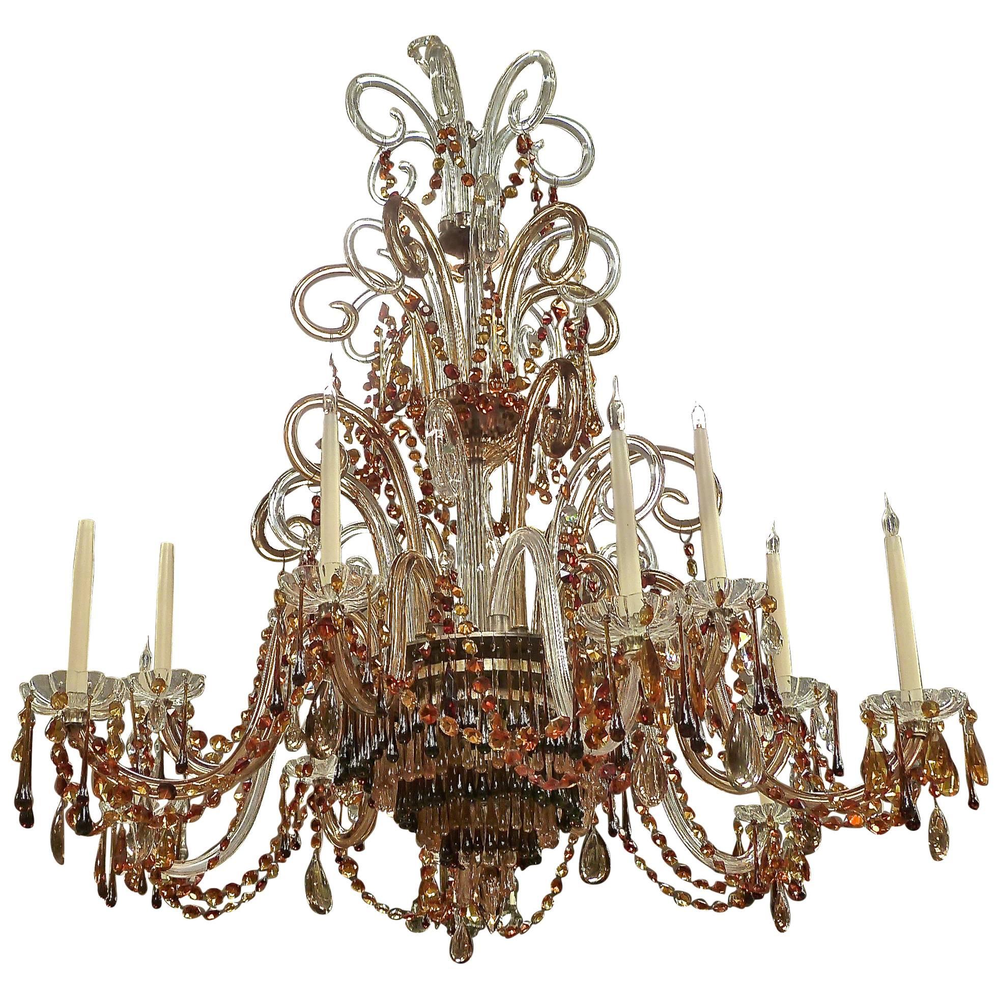 20th Century Large Twelve-Arm Amber and Glass Chandelier For Sale
