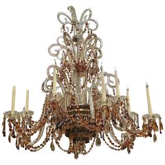 20th Century Large Twelve-Arm Amber and Glass Chandelier