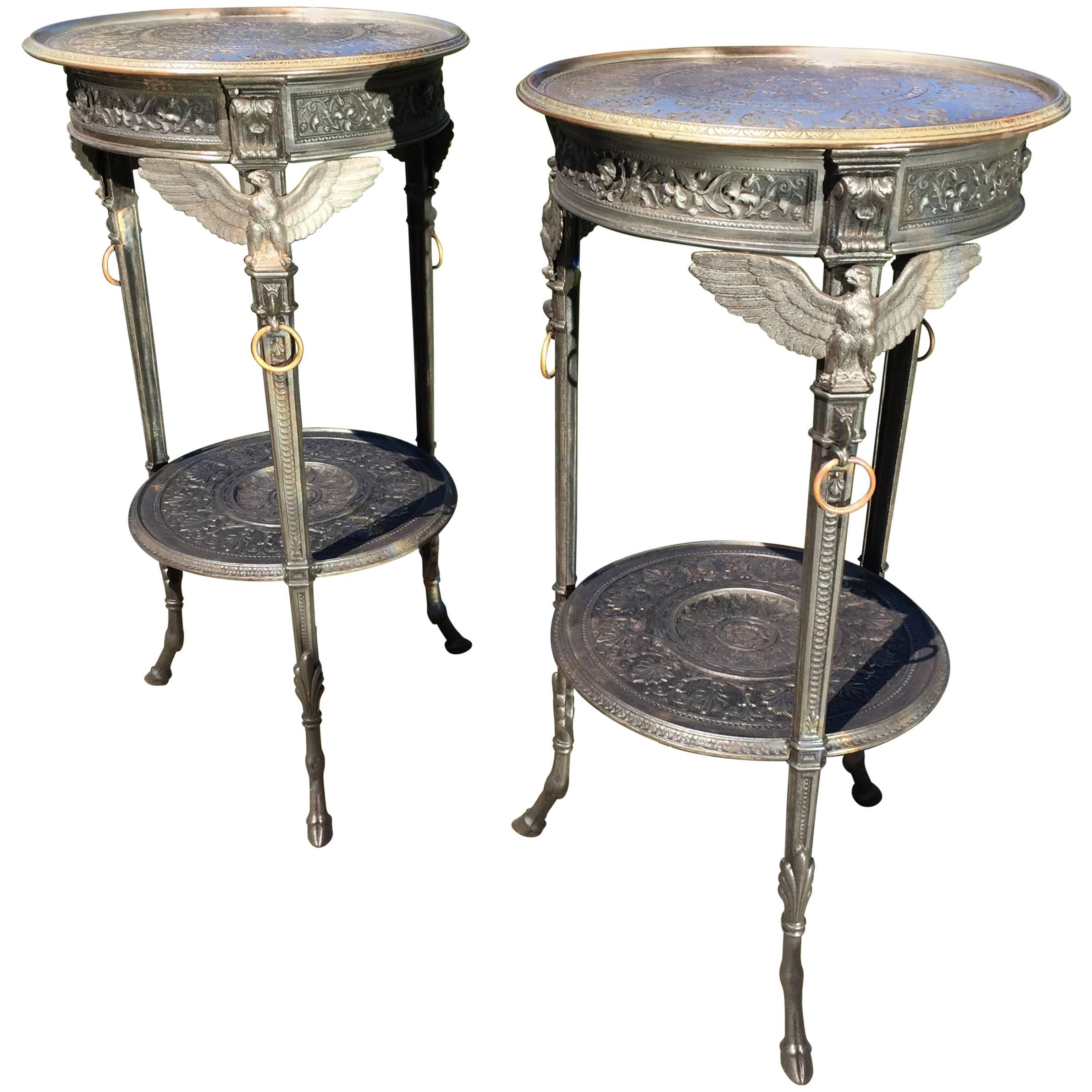 Exceptional Pair of French Neoclassical Polished Cast Iron Side Tables