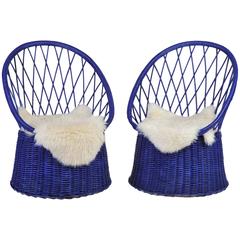 Vintage Pair of 1950s Rattan Royal Blue Club Chairs