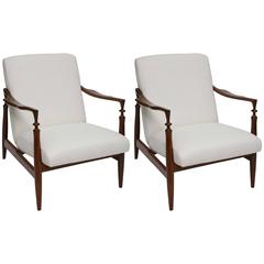 Pair of 1960s Italian Walnut and Silk Lounge Chairs