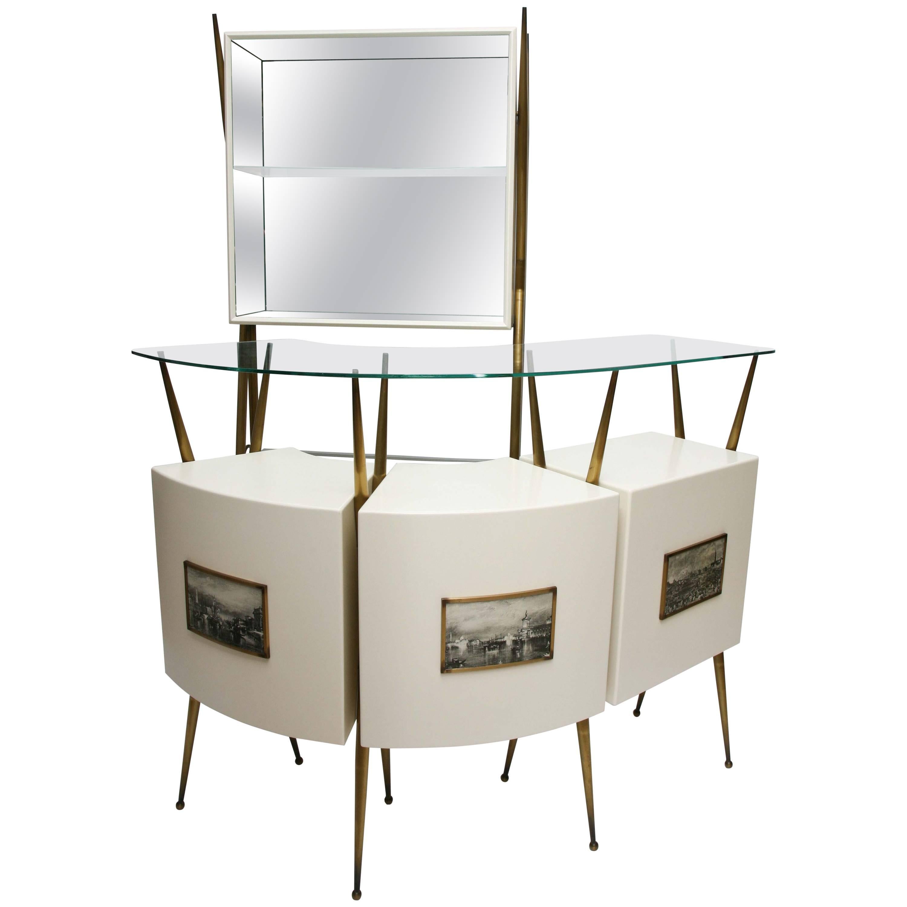 Ponti-Style 1950s Italian Bar Suite with Two Stools and Standing Wall Cabinet