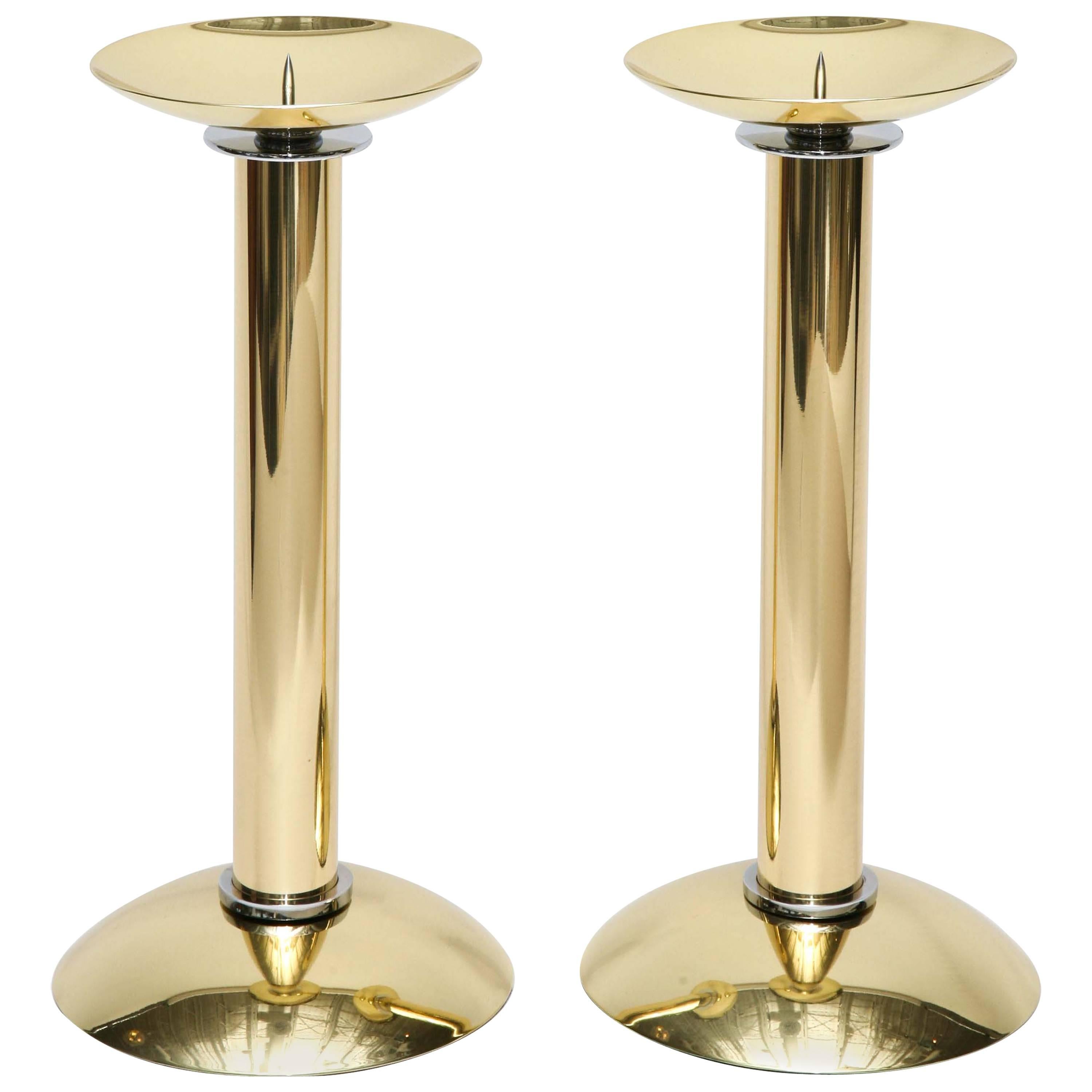 Pair of Polished Brass and Steel Candlesticks by Karl Springer