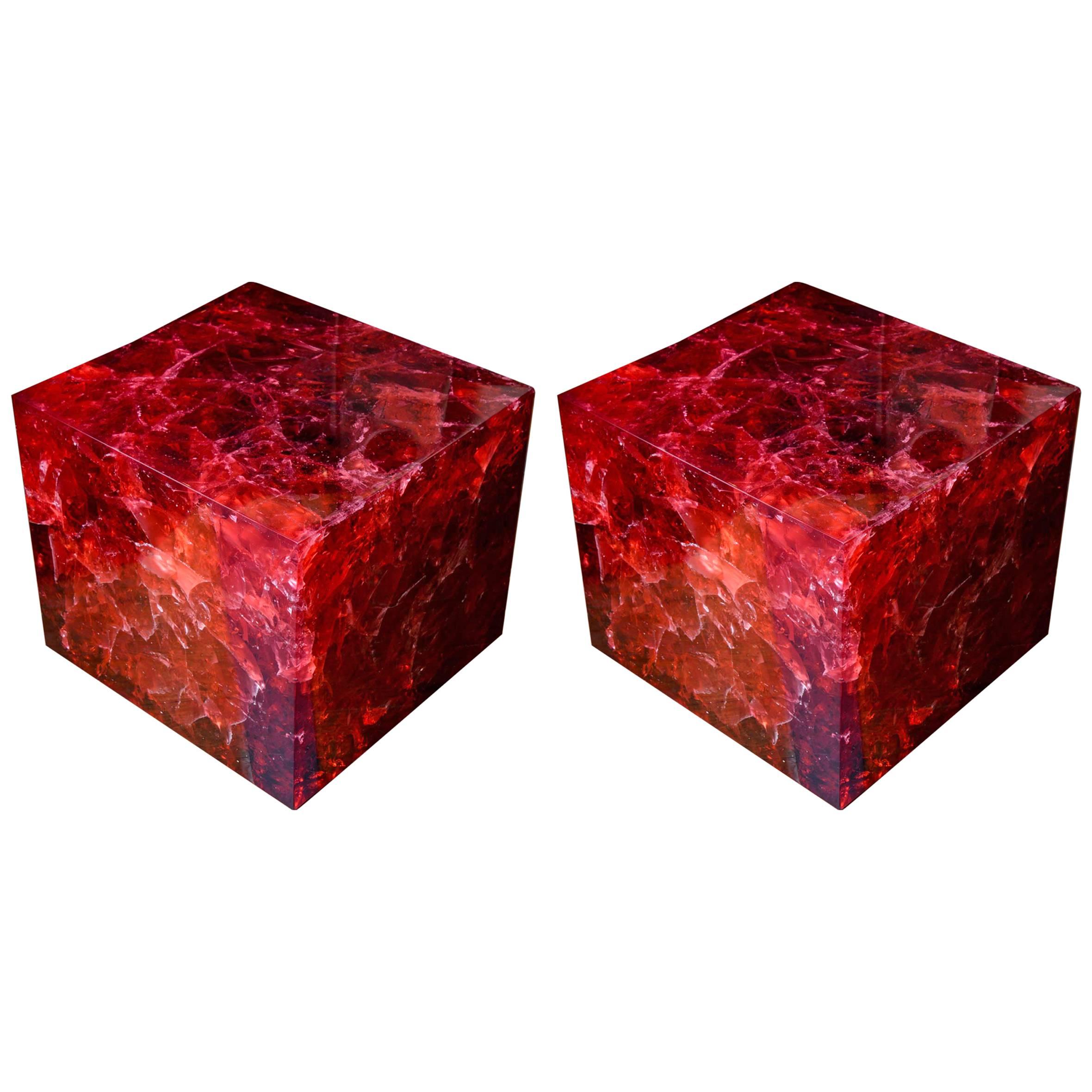 Pair of Crushed Ice Resin Side Tables by Franco Gavagni