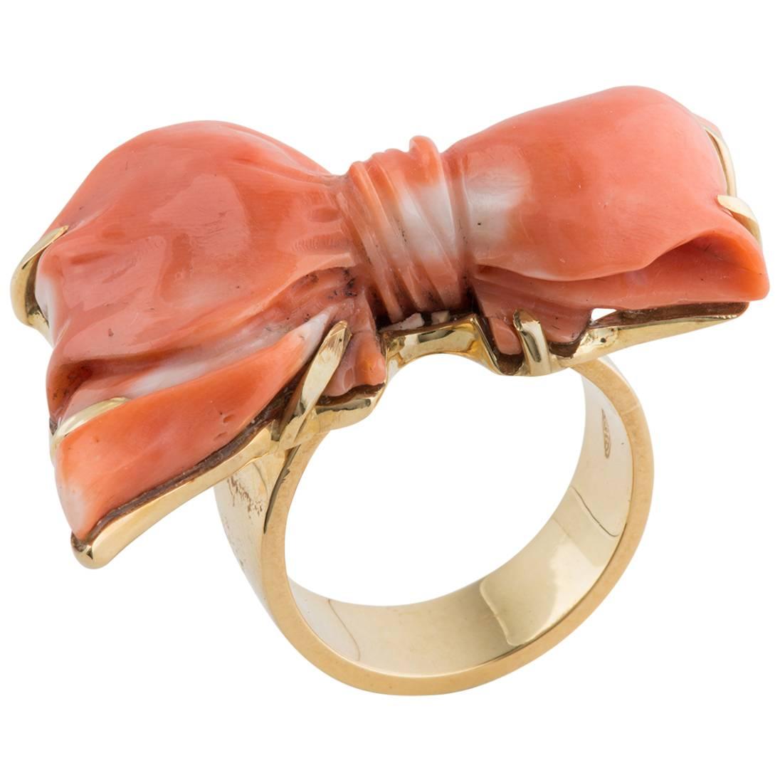 Coral and Gold Sculpture Ring, Unique Piece For Sale