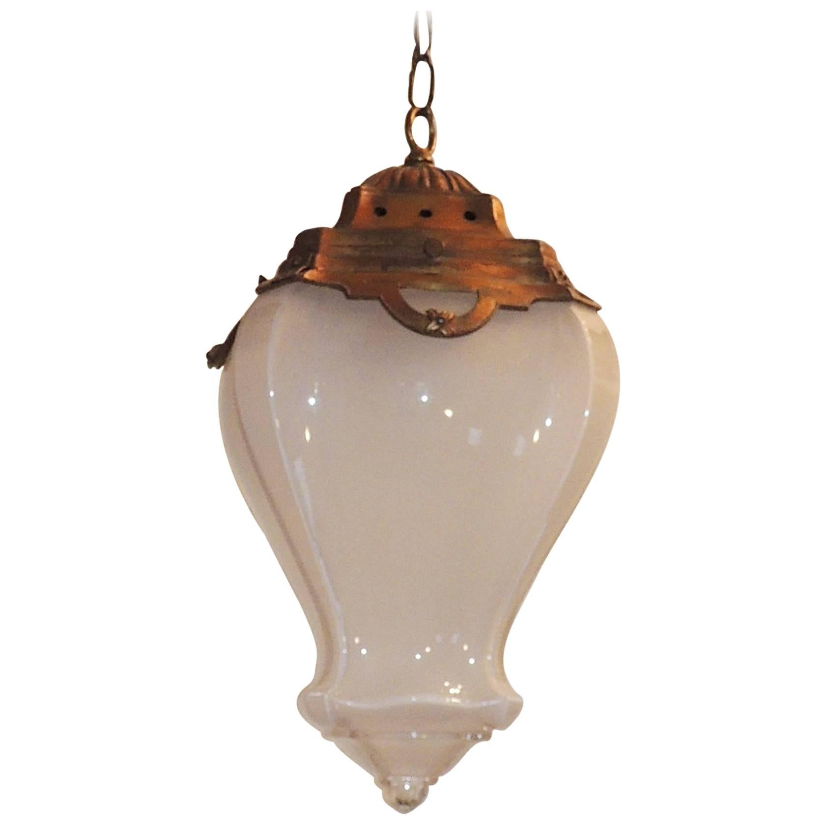 Wonderful French Bronze Original Milk Curved Glass Chandelier Lantern Fixture